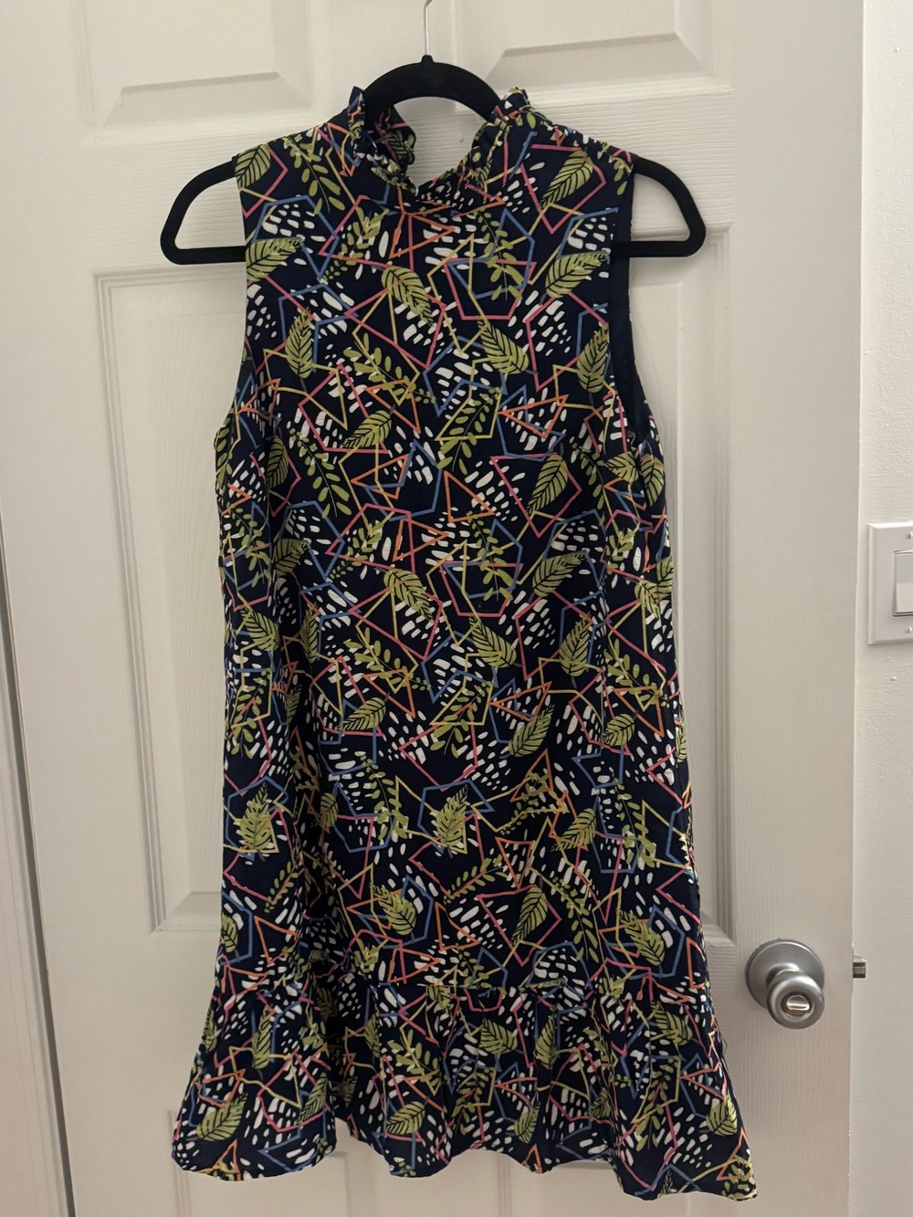 THML Navy Shift Dress with Multicolor Geometric Leaf Print